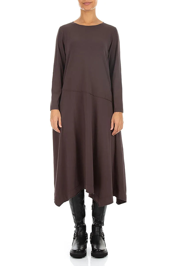 Asymmetric Flared Truffle Brown Cotton Dress