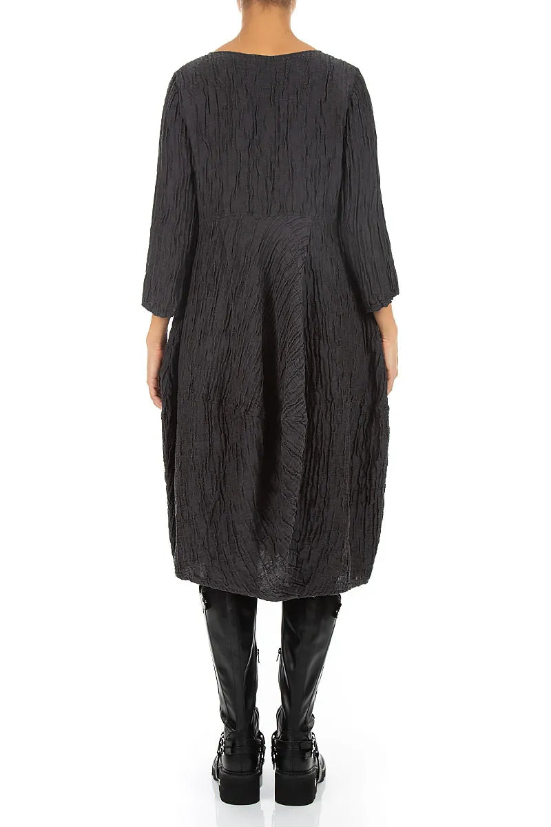 Balloon Cropped Sleeves Crinkled Charcoal Silk Linen Dress