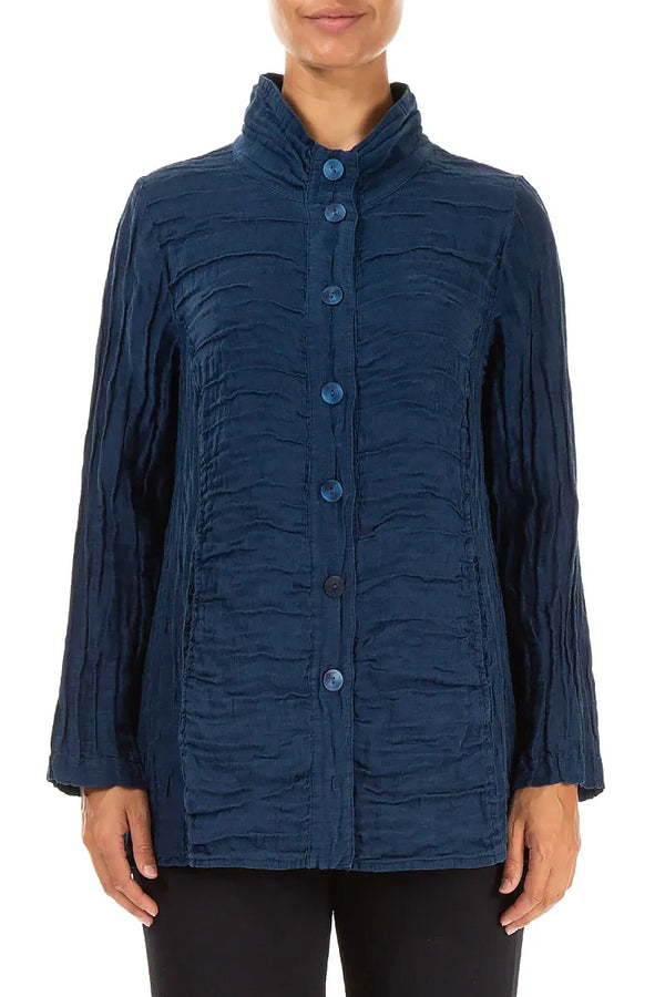 Collar Crinkled Royal Blue Silk Linen Jacket 1