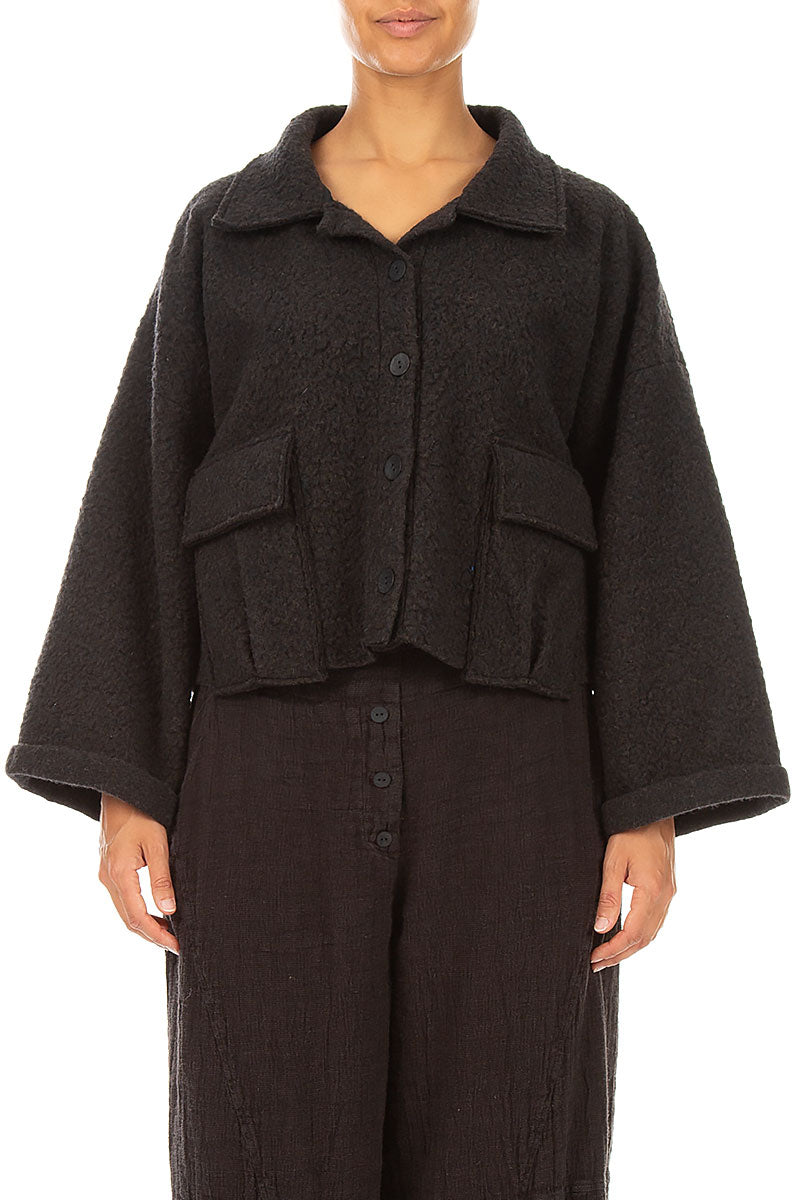Collar Neck Short Charcoal Plush Wool Coat