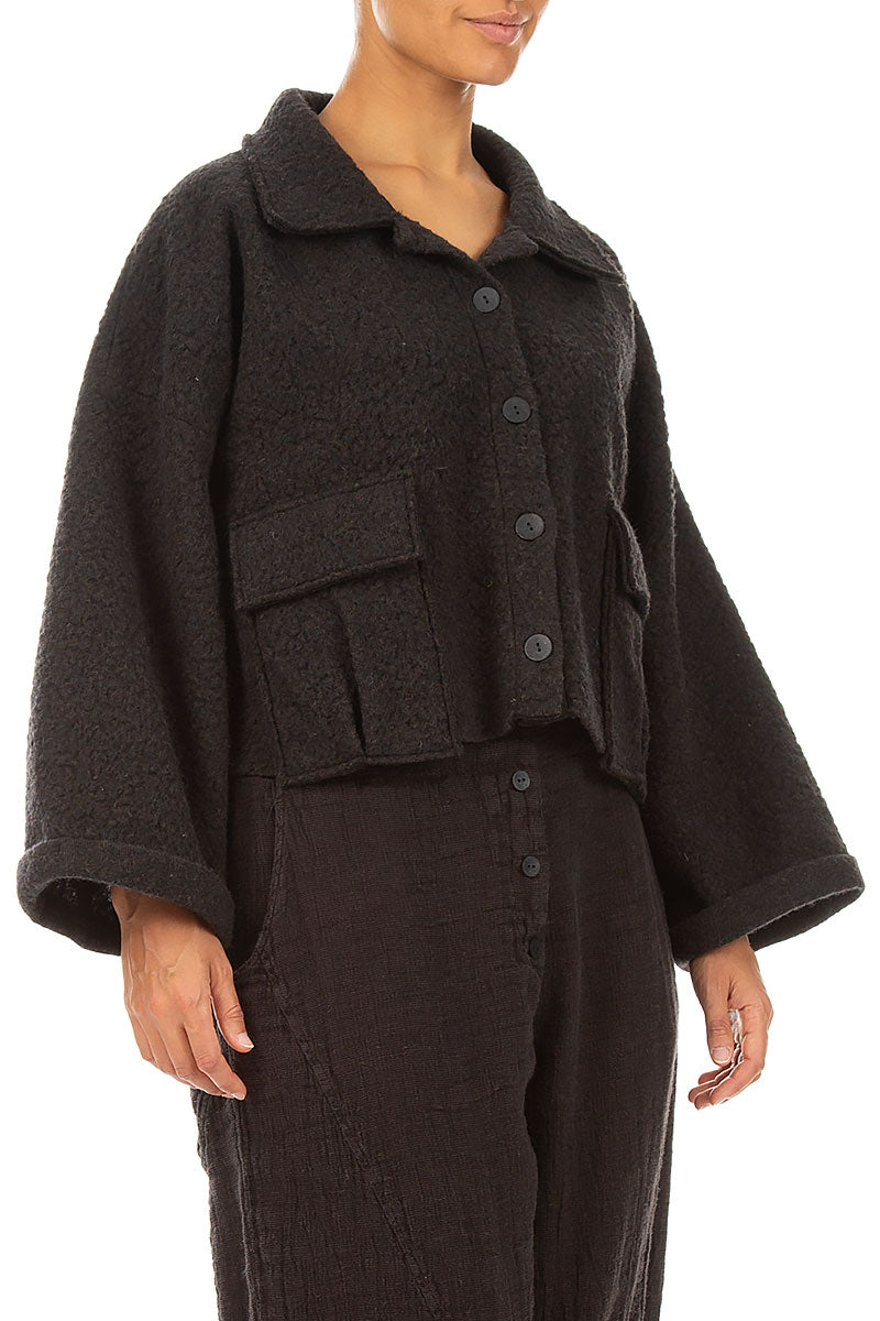 Collar Neck Short Charcoal Plush Wool Coat