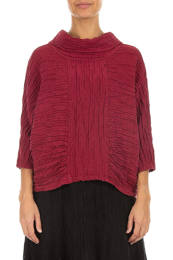 Cowl Neck Crinkled Ruby Silk Linen Blouse 1