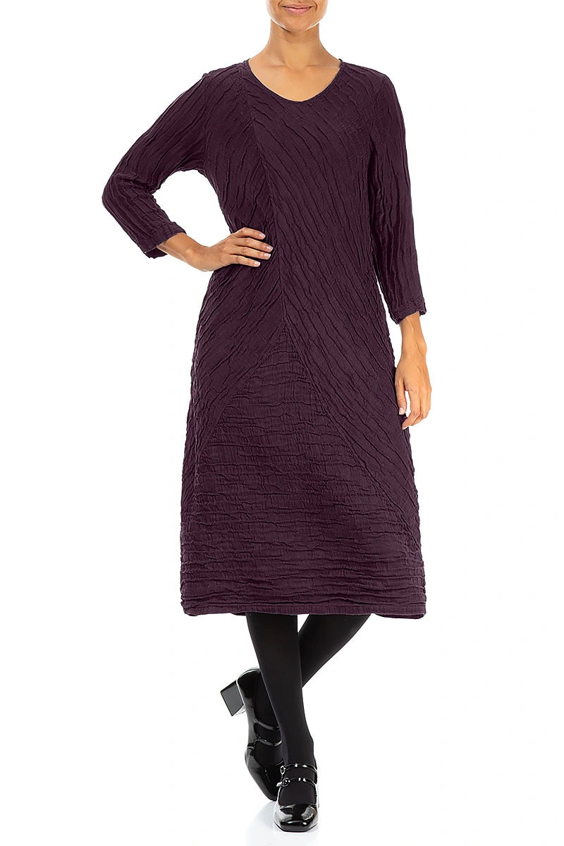 Crinkled Deep Plum Silk Linen Midi Dress