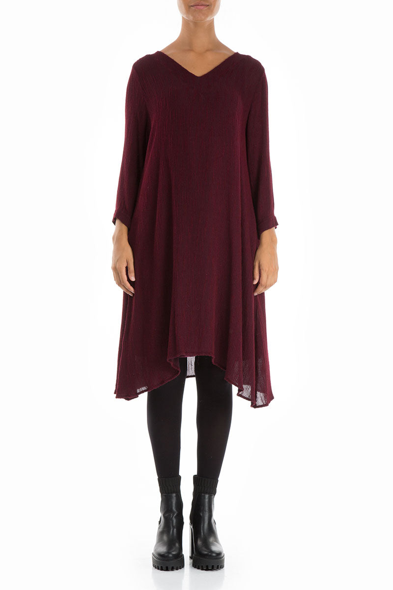 Flared V-Neck Wine Silk Dress 1