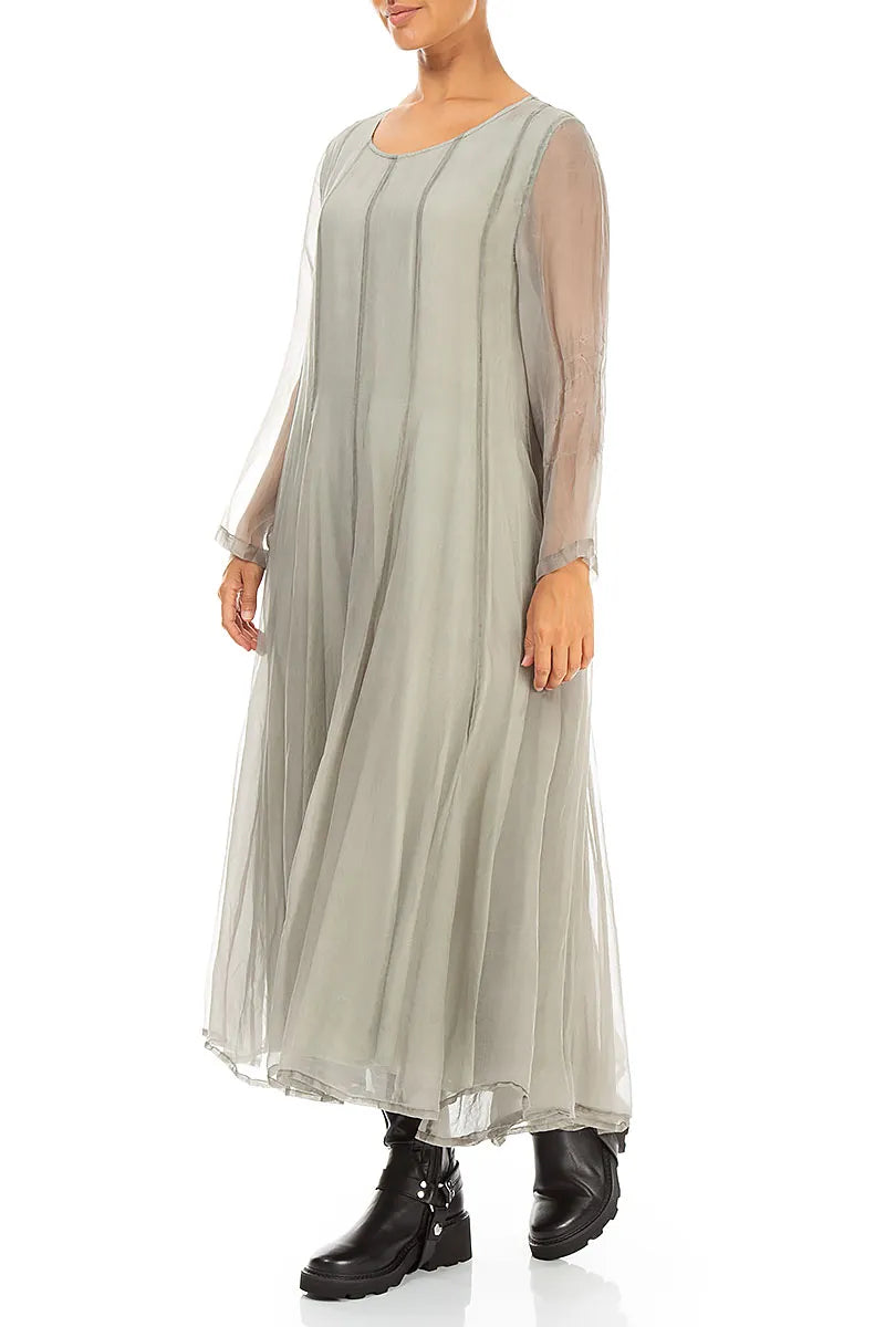 Flowing Olive Grey Silk Chiffon Dress