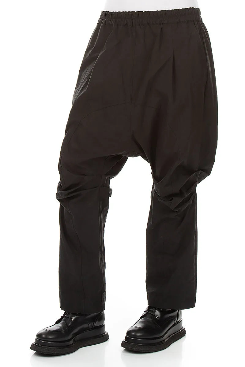 Gathered Knee Black Cotton Twill Trousers
