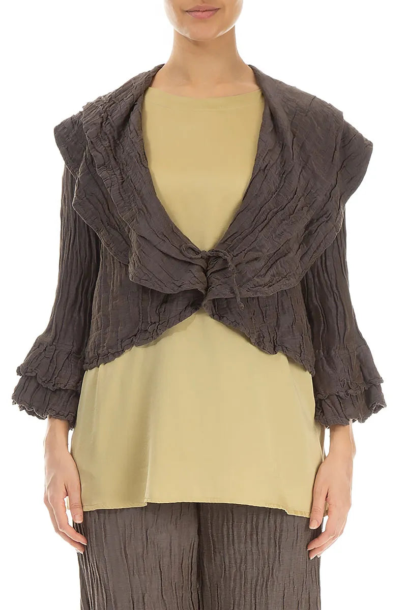 Layered Notched Collar Crinkled Dark Brown Silk Jacket