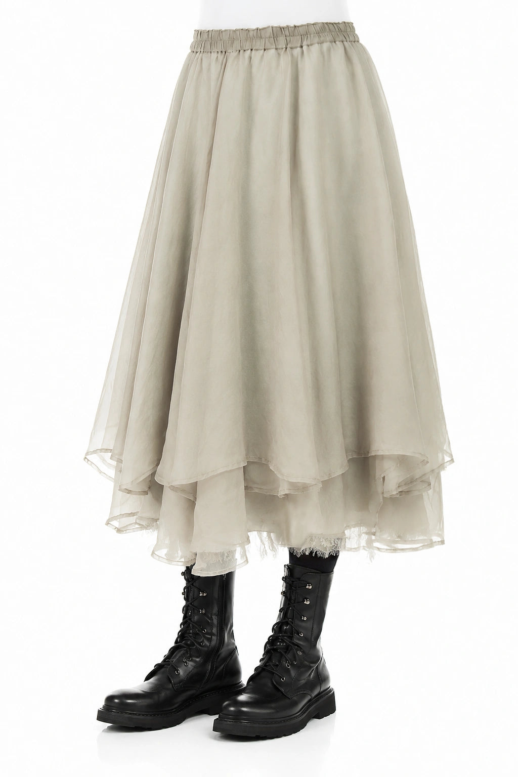 Layered Olive Grey Silk Chiffon Skirt