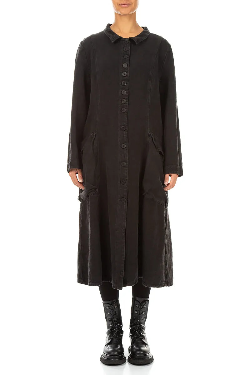 Long Buttonline Black Heavy Linen Jacket