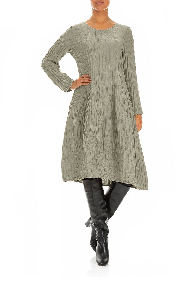Long Sleeve Balloon Crinkled Olive Grey Silk Linen Dress 4