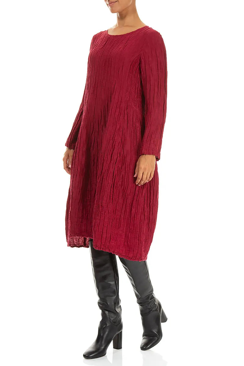 Long Sleeve Balloon Crinkled Ruby Silk Linen Dress 3