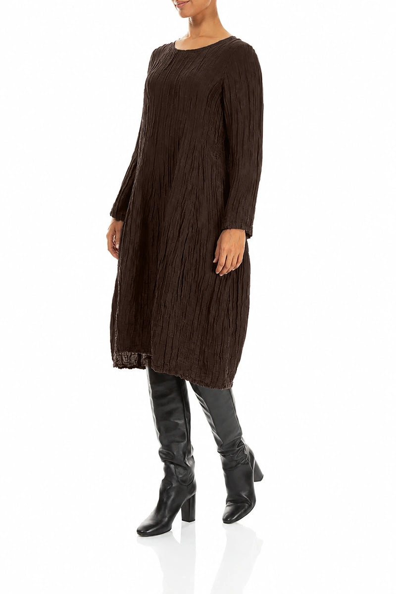 Long Sleeve Balloon Crinkled Truffle Brown Silk Linen Dress 3