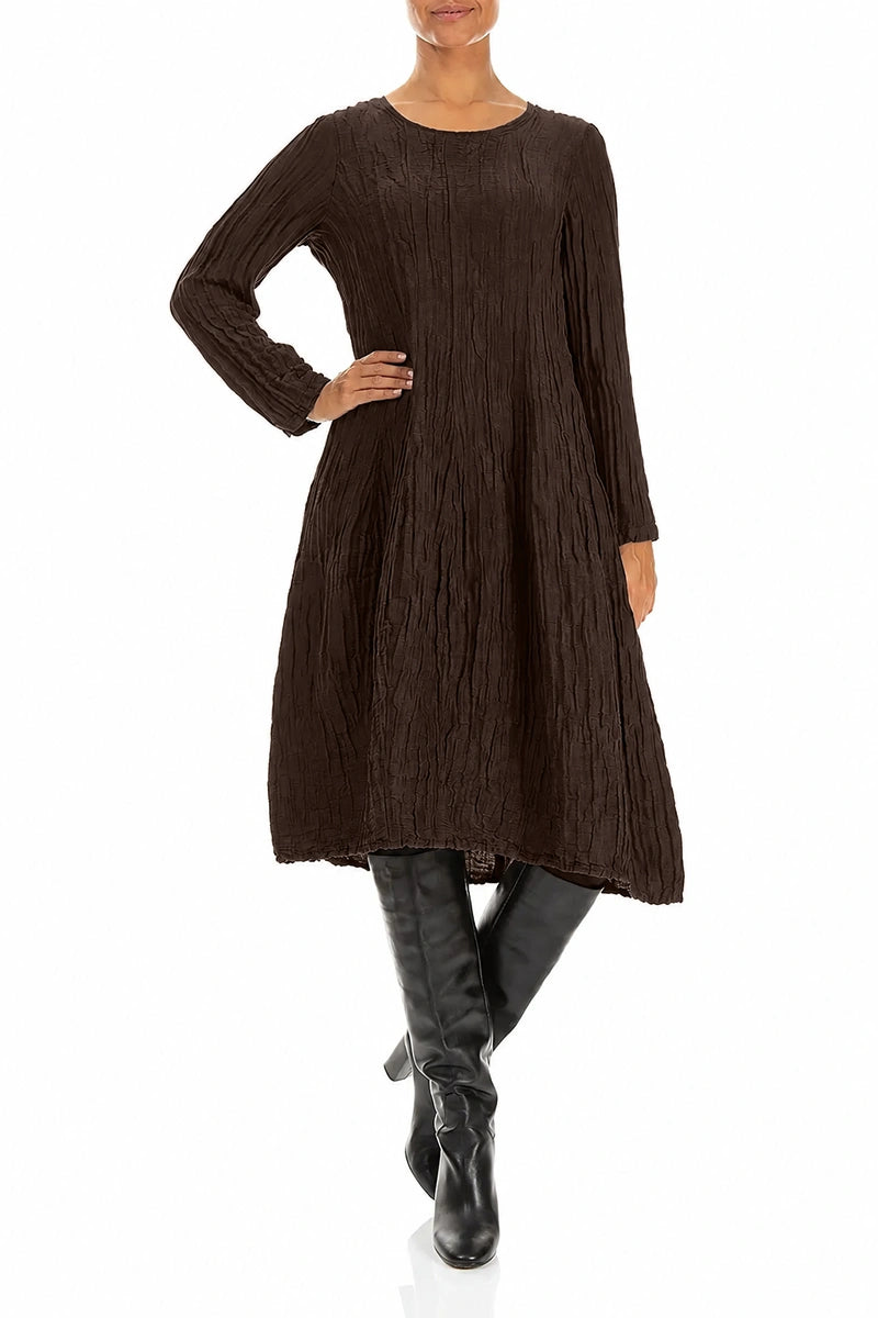 Long Sleeve Balloon Crinkled Truffle Brown Silk Linen Dress 4