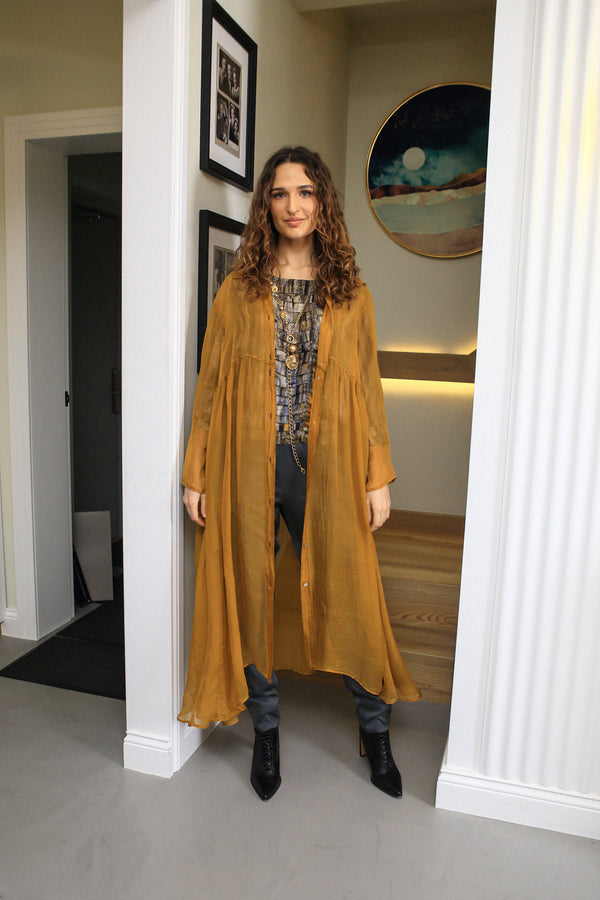 Long Yellow Ochre Silk Chiffon Jacket 6