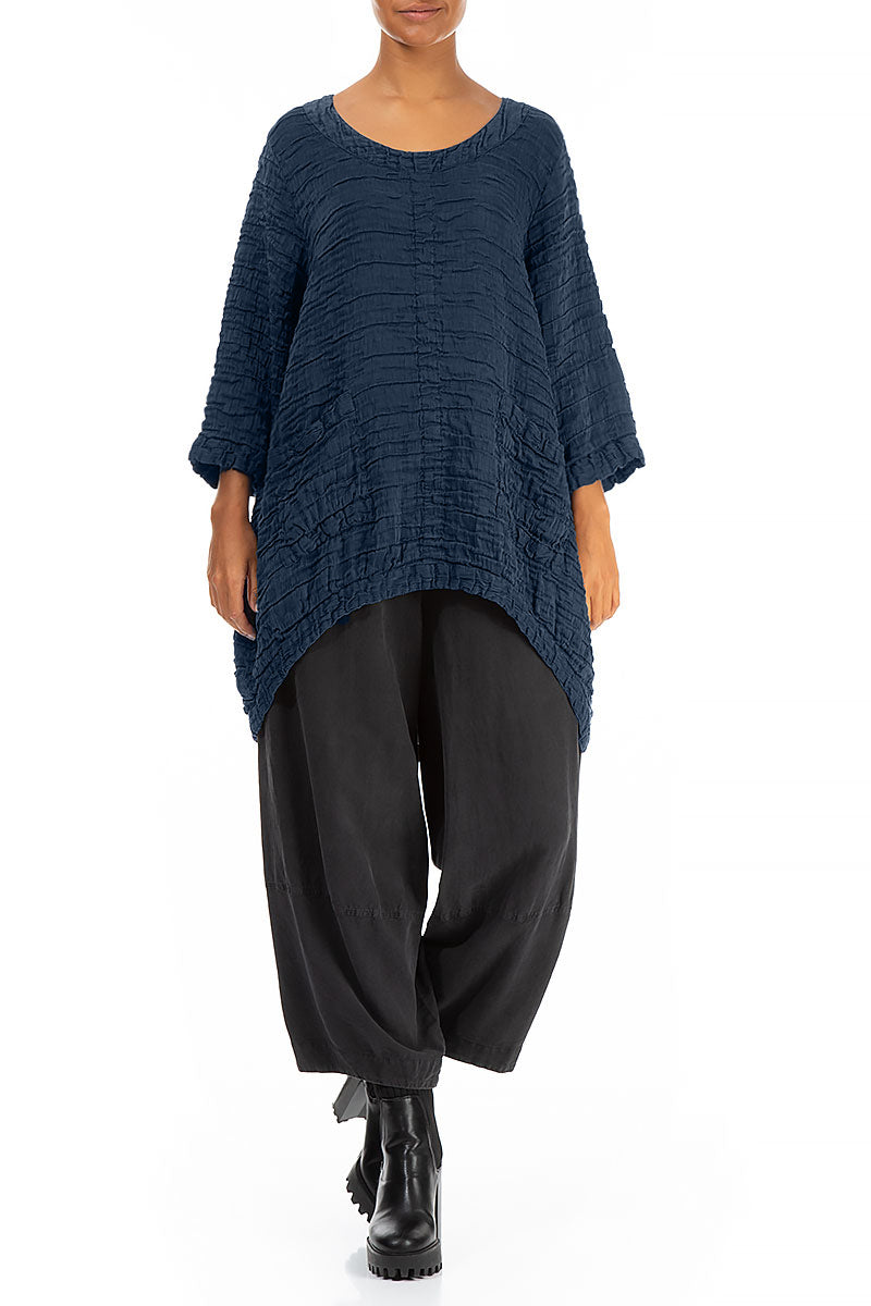 Longer Back Navy Crinkled Silk Tunic 4