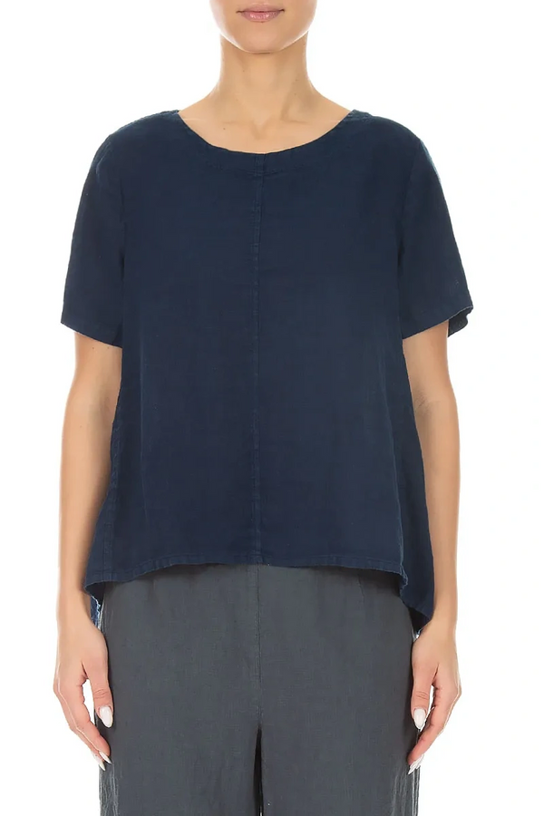 Short Sleeves Flared Navy Linen Top 1