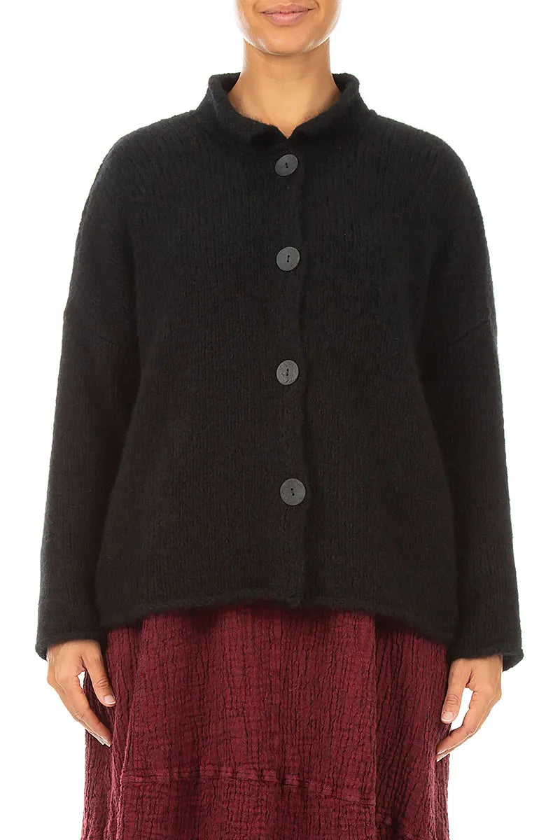 Soft Collar Black Cashmere Wool Cardigan 1