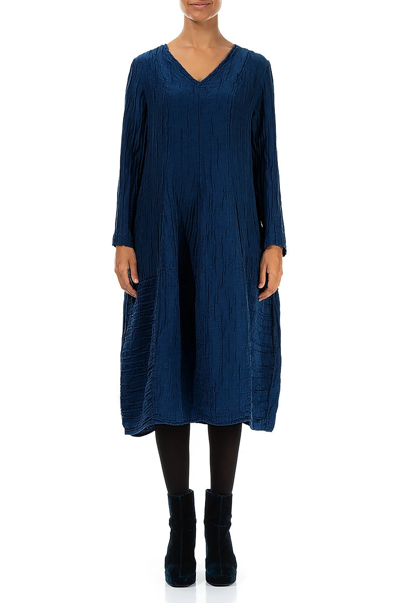 Long Sleeves V-Neck Crinkled Royal Blue Silk Dress 1