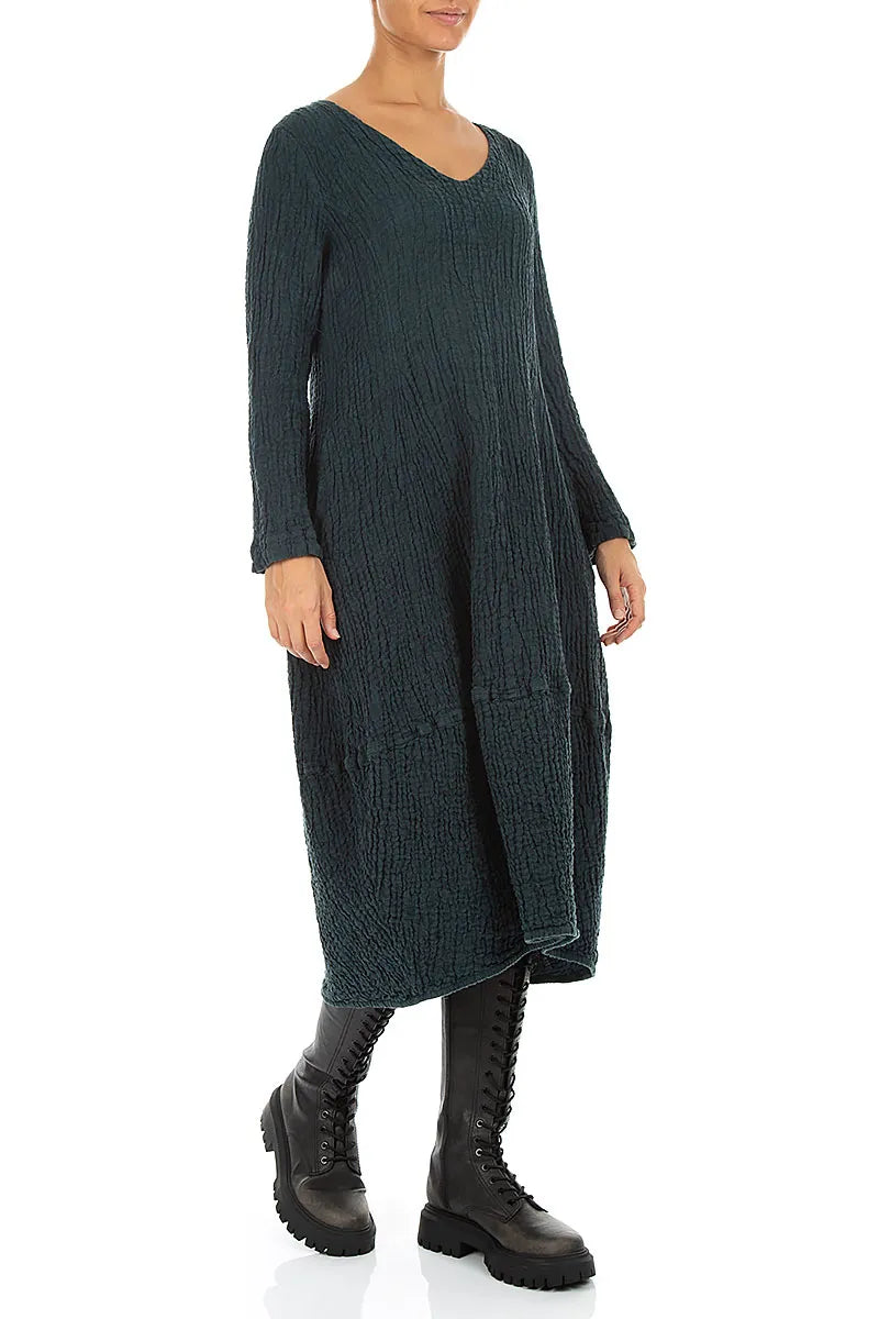 V-Neck Deep Turquoise Textured Linen Dress 3