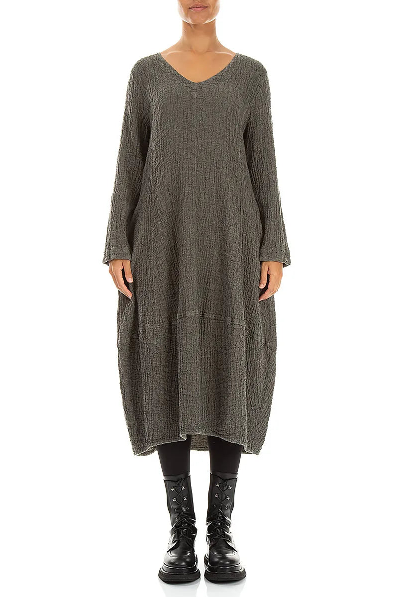 V-Neck Olive Grey Textured Linen Dress