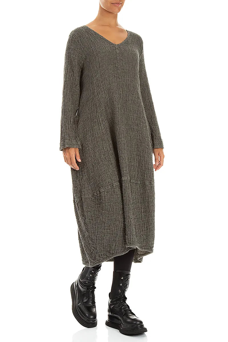 V-Neck Olive Grey Textured Linen Dress