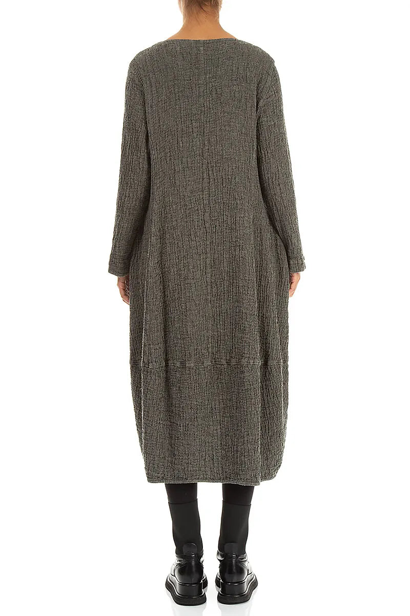 V-Neck Olive Grey Textured Linen Dress
