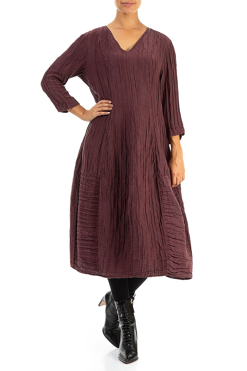 V-neck Crinkled Maroon Silk Linen Dress 4