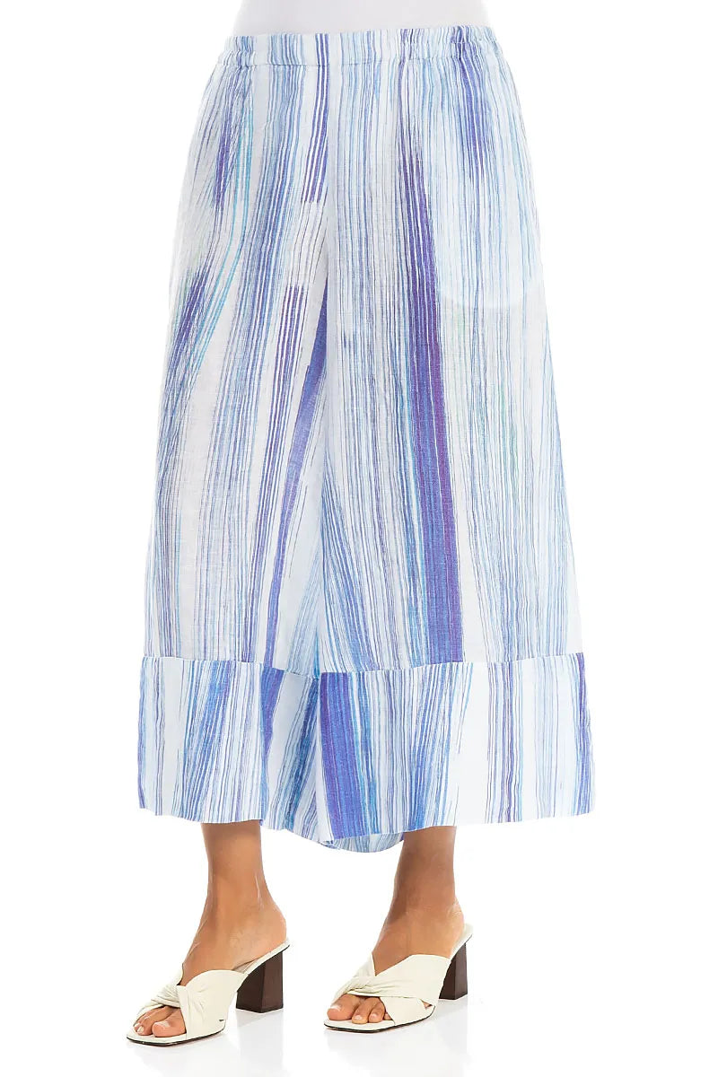 Wide Leg Cuffs Blue Wash Stripe Linen Culottes 3