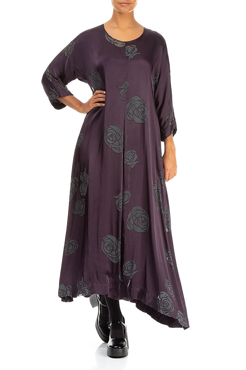 Flared Roses Purple Silk Dress 4