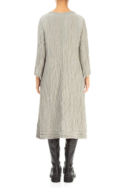 A-Line Olive Grey Crinkled Silk Linen Dress 2