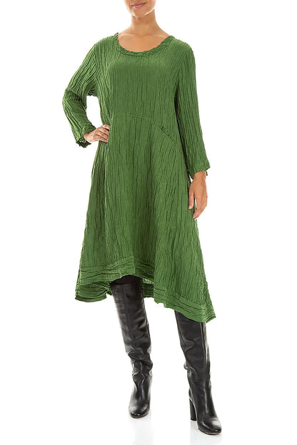 A-Line Shamrock Green Crinkled Silk Linen Dress 4