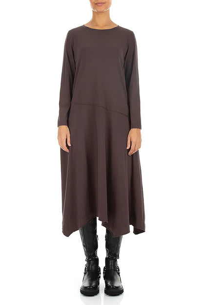 Asymmetric Flared Truffle Brown Cotton Dress