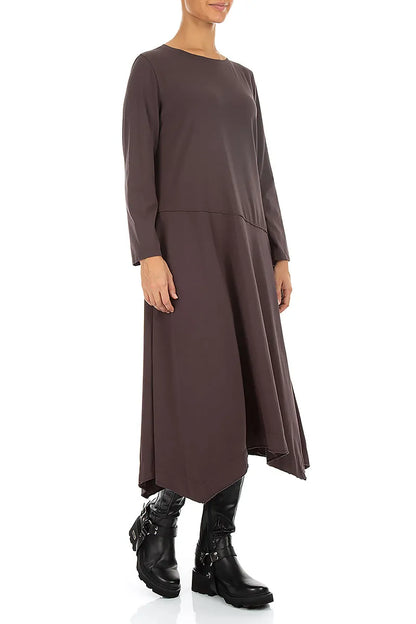 Asymmetric Flared Truffle Brown Cotton Dress