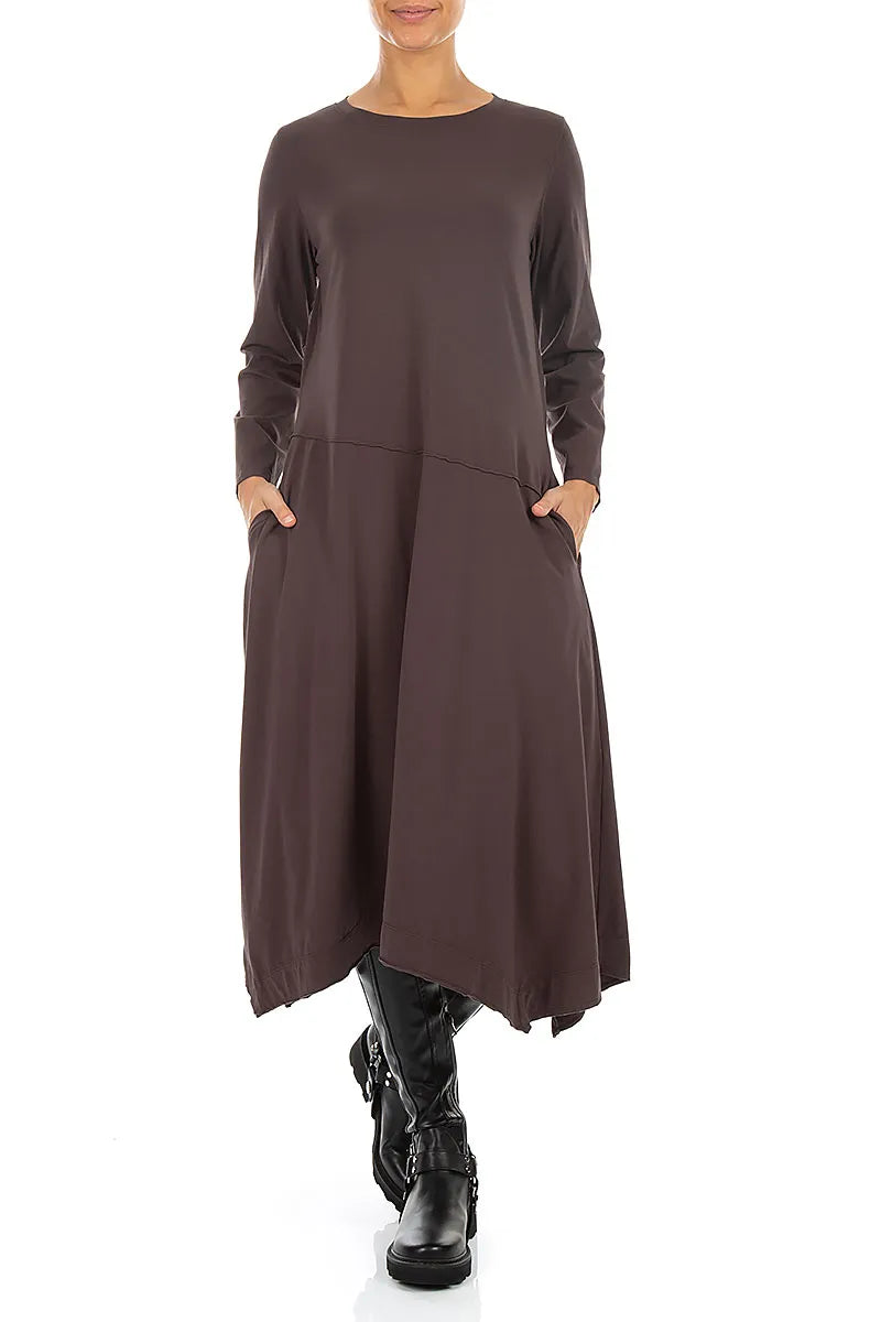 Asymmetric Flared Truffle Brown Cotton Dress