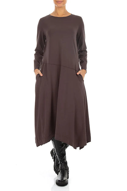 Asymmetric Flared Truffle Brown Cotton Dress