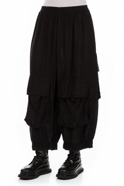 Baggy Pockets Black Silk Bamboo Trousers