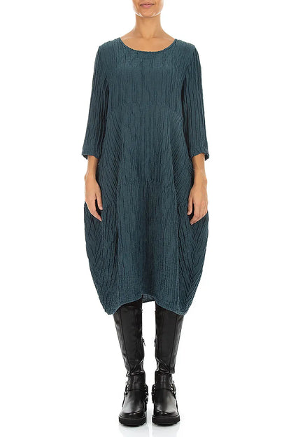Balloon Crinkled Deep Turquoise Silk Linen Dress