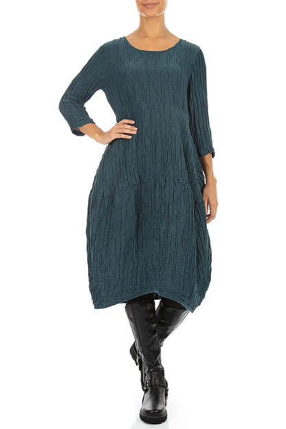 Balloon Crinkled Deep Turquoise Silk Linen Dress