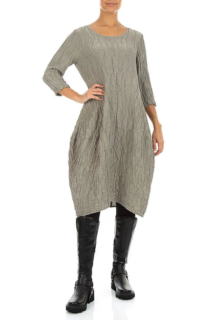 Balloon Crinkled Olive Grey Silk Linen Dress 4