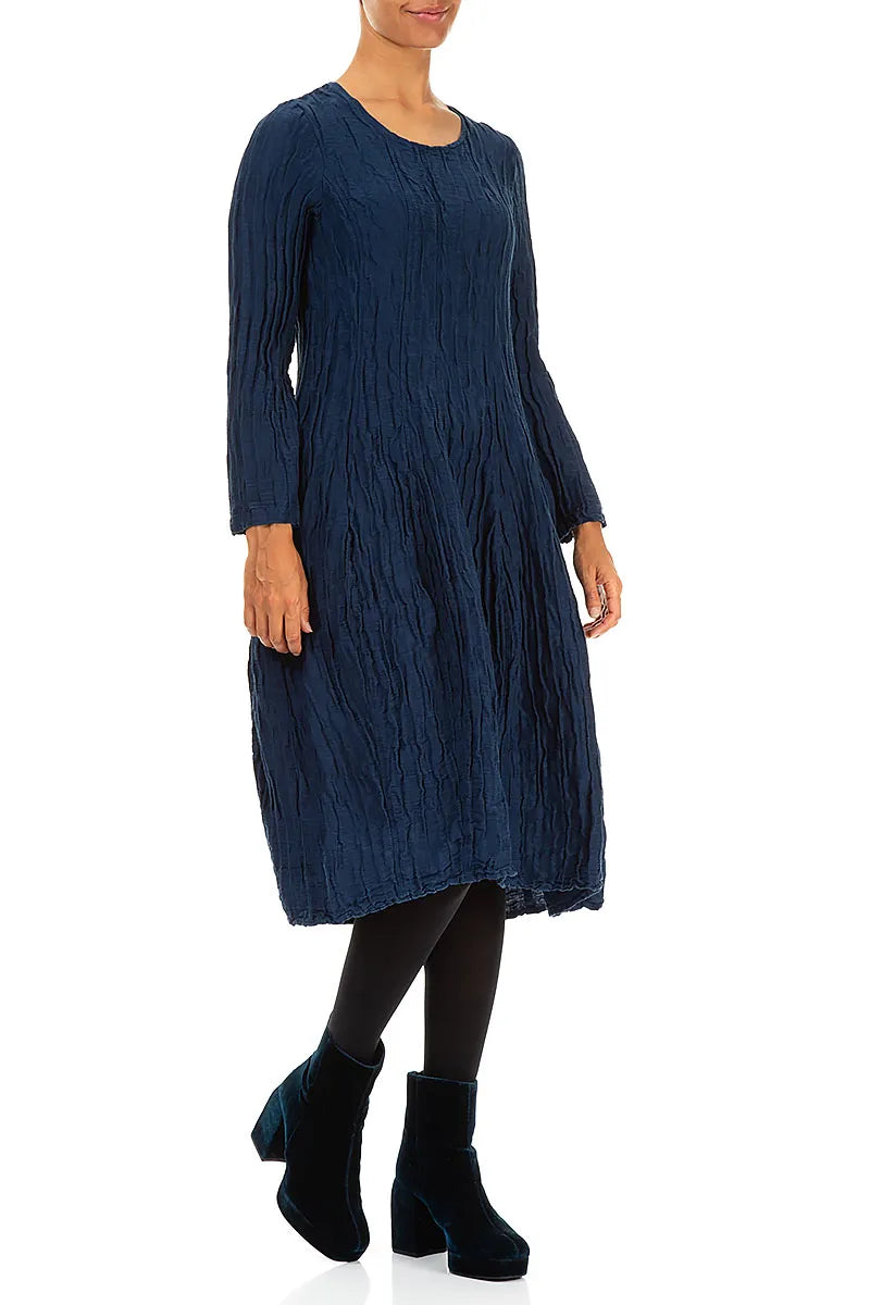 Long Sleeve Balloon Crinkled Royal Blue Silk Linen Dress 3