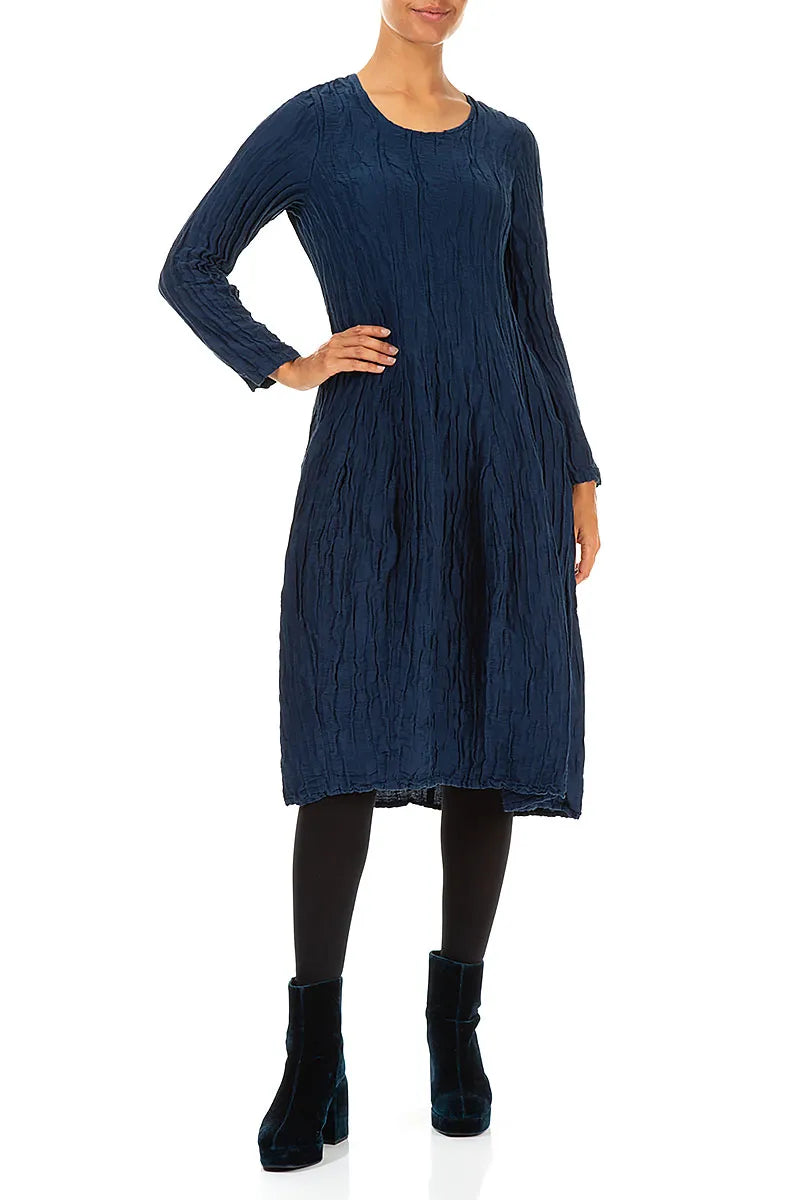 Long Sleeve Balloon Crinkled Royal Blue Silk Linen Dress 4