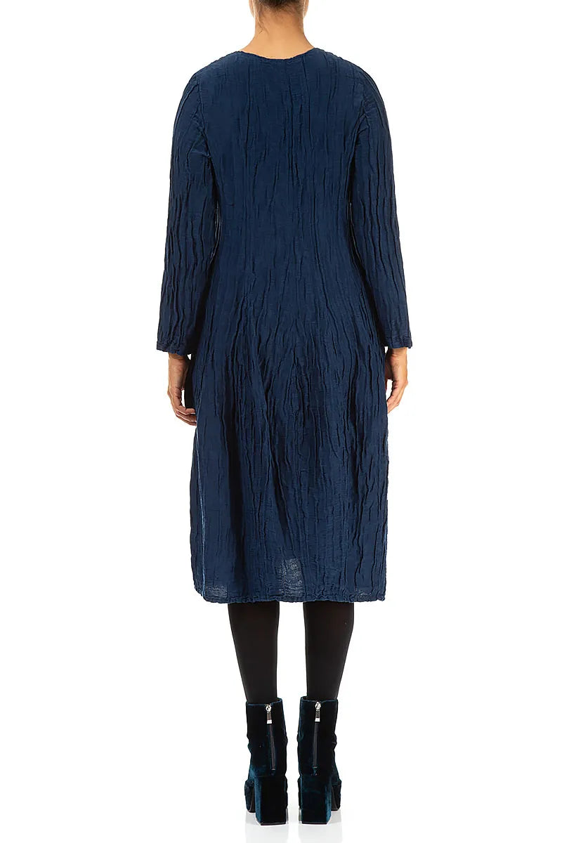 Long Sleeve Balloon Crinkled Royal Blue Silk Linen Dress 2