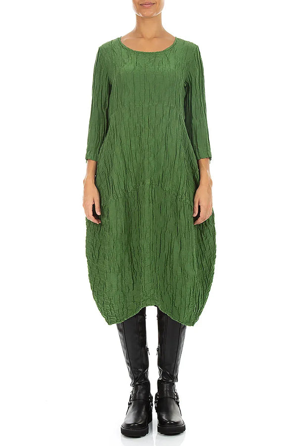 Balloon Crinkled Shamrock Green Silk Linen Dress