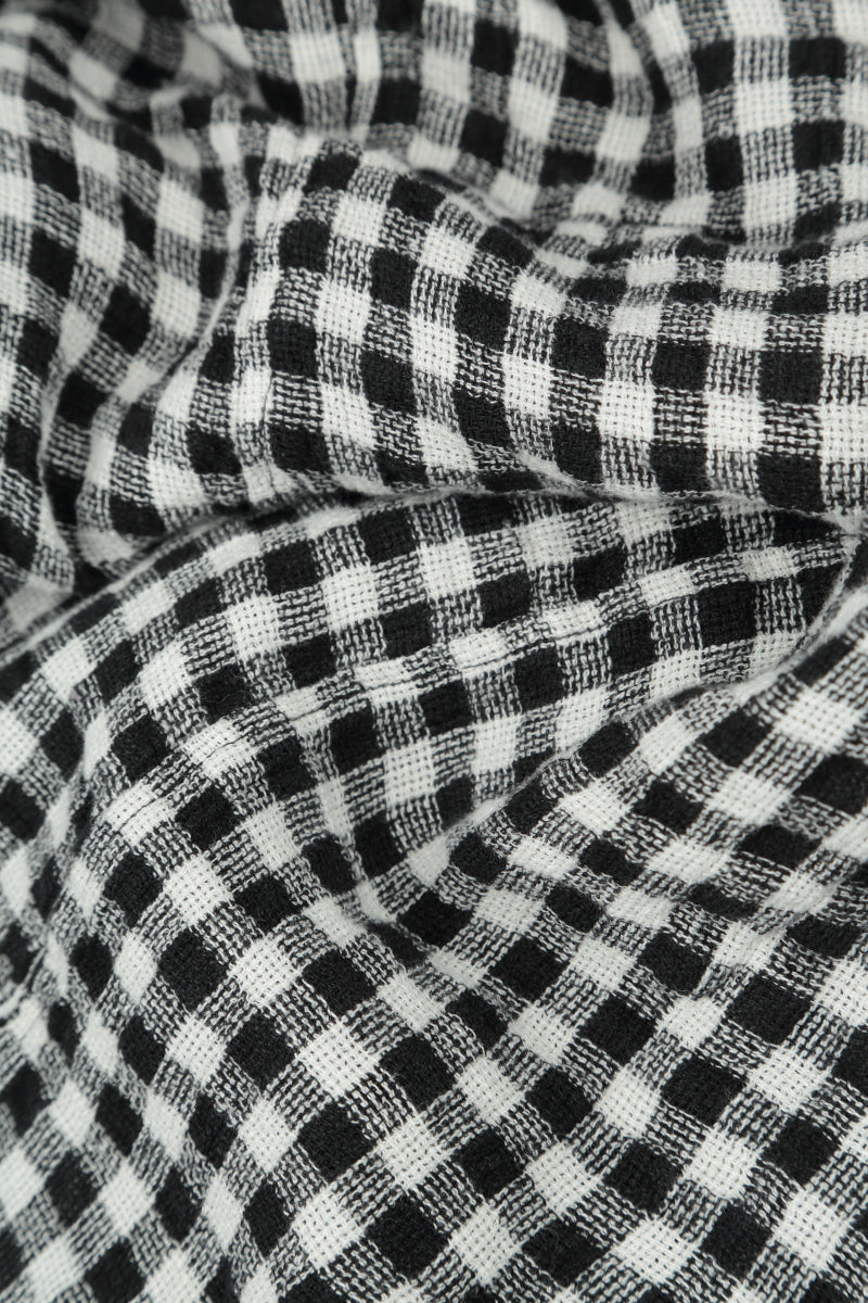 Balloon Cropped Sleeves Black &amp; White Check Linen Dress 5