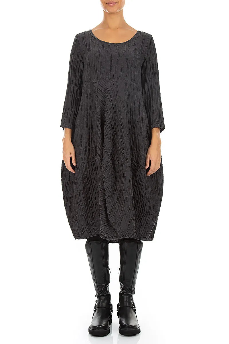 Balloon Cropped Sleeves Crinkled Charcoal Silk Linen Dress
