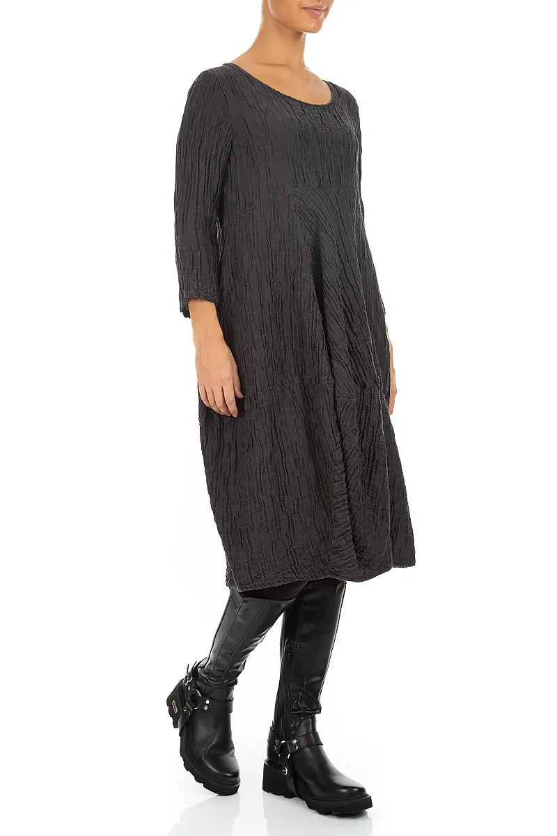 Balloon Cropped Sleeves Crinkled Charcoal Silk Linen Dress