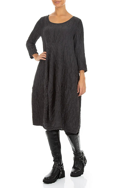 Balloon Cropped Sleeves Crinkled Charcoal Silk Linen Dress