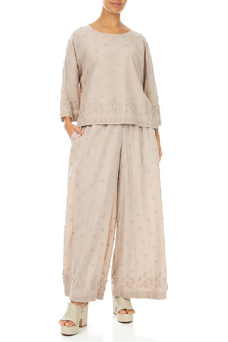 Beige Floral Embroidered Cotton Blouse 4