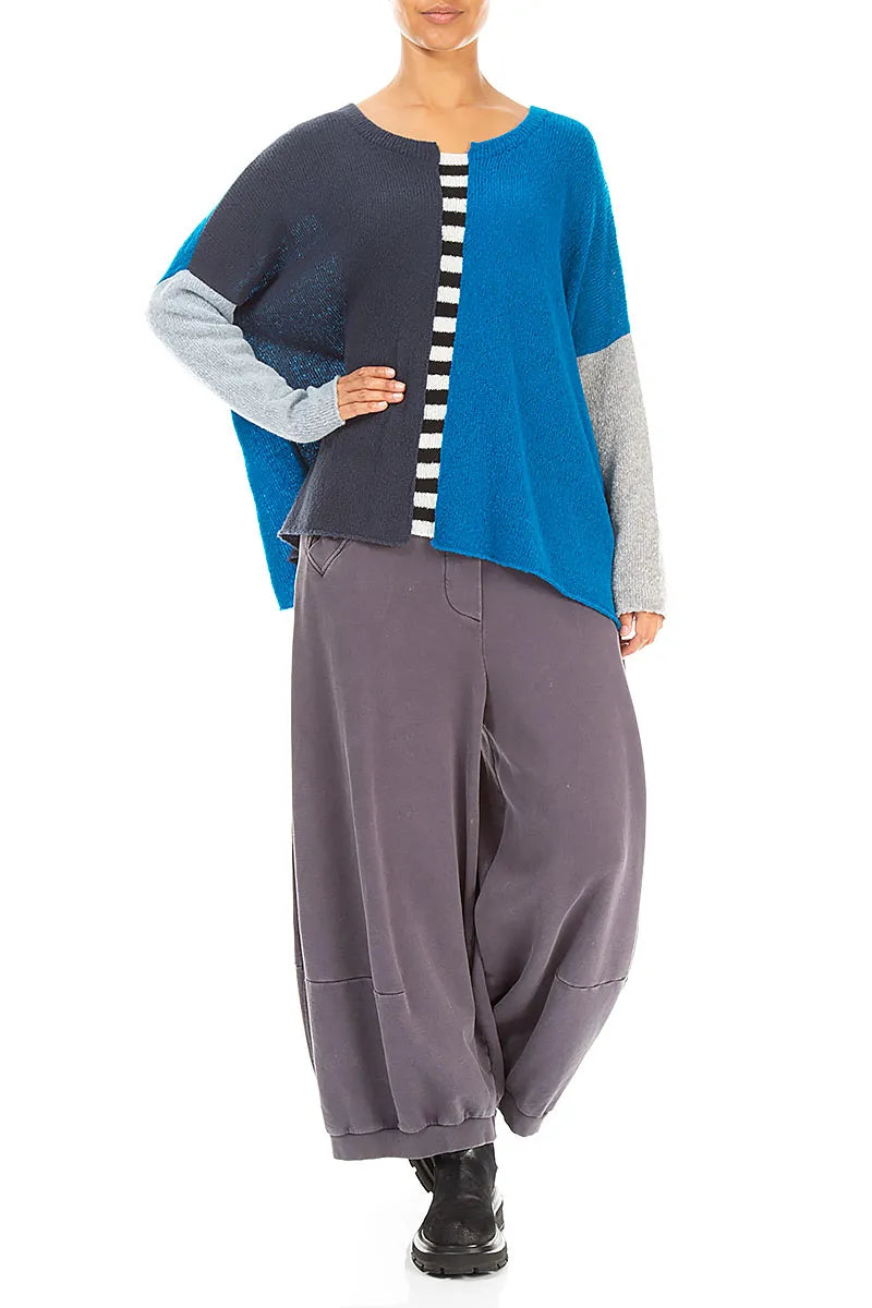 Boxy Colour-Block Navy Azure Wool Sweater
