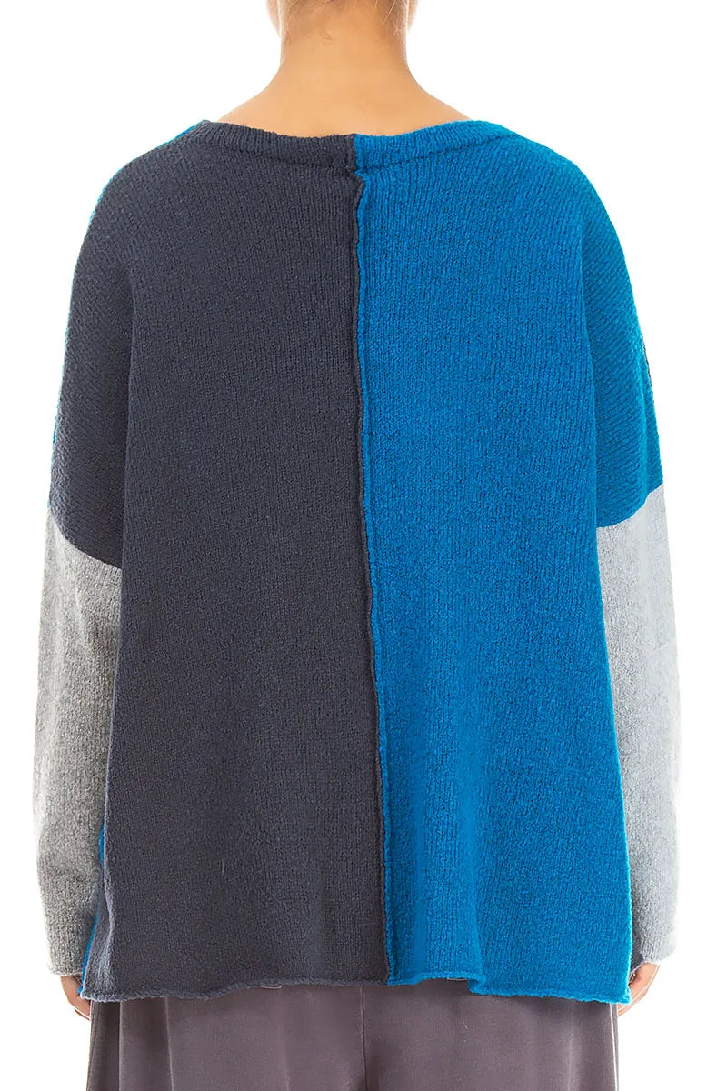 Boxy Colour-Block Navy Azure Wool Sweater